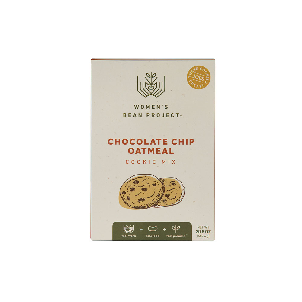 Women's bean Project chocolate chip oatmeal cookies in a recyclable packaging