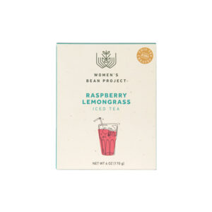 Women's Bean Project Raspberry Lemongrass iced tea mix in a recyclable package showing a cup of iced tea.