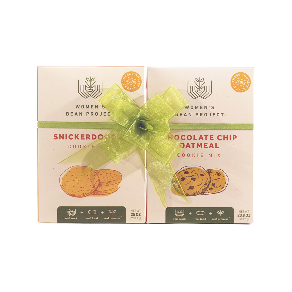 Women's Bean Project Snickerdoodle and Chocolate chip oatmeal cookie mixes tied together with a green bow
