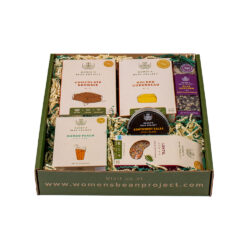 Women's Bean Project recyclable gift box with lentil soup, cornbread, popcorn, hot salsa blend, and mango peach iced tea.