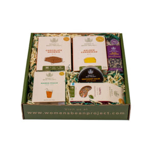 Women's Bean Project recyclable gift box with lentil soup, cornbread, popcorn, hot salsa blend, and mango peach iced tea.