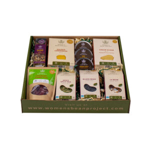 Women's Bean Project sampler gift box featuring various spices, soups, and baking mixes in a recyclable packaging