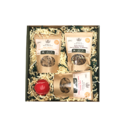 Box of various kinds of Women's Bean Project dog treats, with a Women's Bean Project monogramed tennis ball