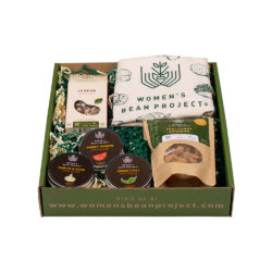 Women's Bean Project Farmer's Market Gift bundle set including a tote bag, Thai curry cashews, an assortment of spices and 10 bean soup mix.
