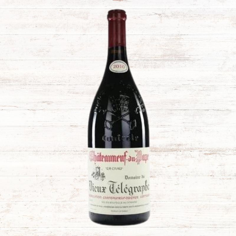 A bottle of 2013 Domaine du Vieux Telegraphe Chateauneuf-du-Pape La Crau wine.