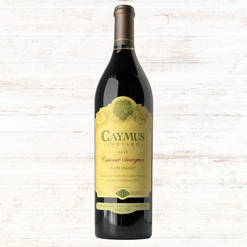 A bottle of 2019 Caymus Vineyards Cabernet Sauvignon.
