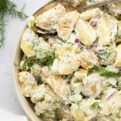 Tzatziki potato salad in a bowl with Women's Bean Project Dill Spice Blend.