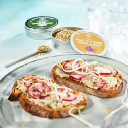Goat Cheese & Radish Tartine made with Women's Bean Project Garlic & Herb and Dill Spice blends